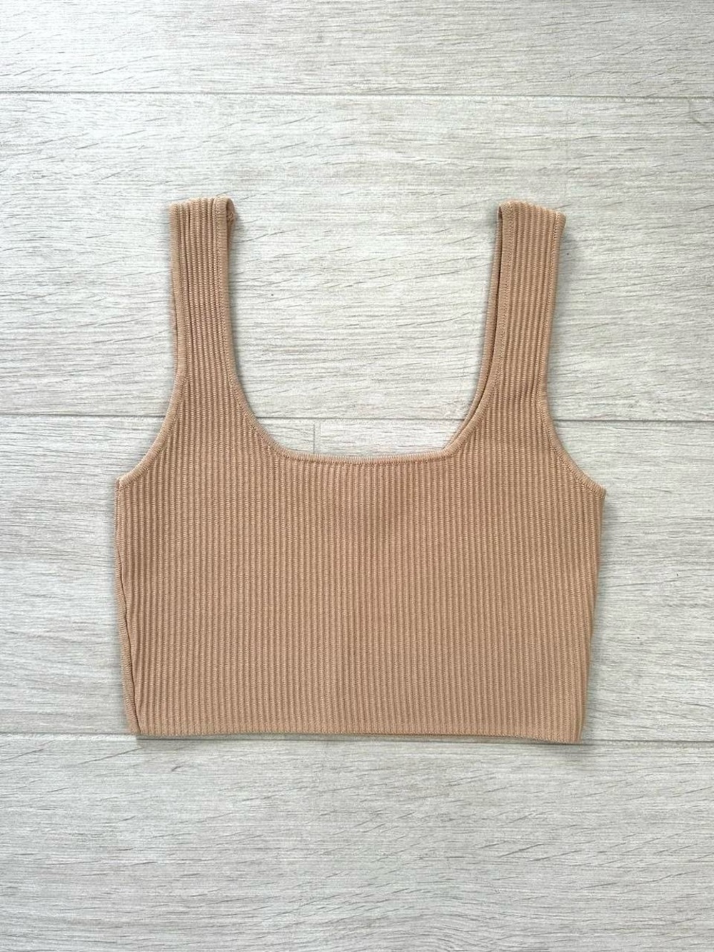 White Fox Boutique Ribbed Square-Neck Crop Tank - Tan